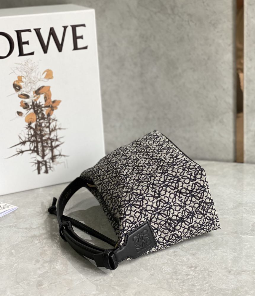 The LOEWE Cubi Small Anagram Jacquard Canvas Shoulder Bag (Navy Blue)—also commonly referred to as one of the "Lunchbox Bag" series.