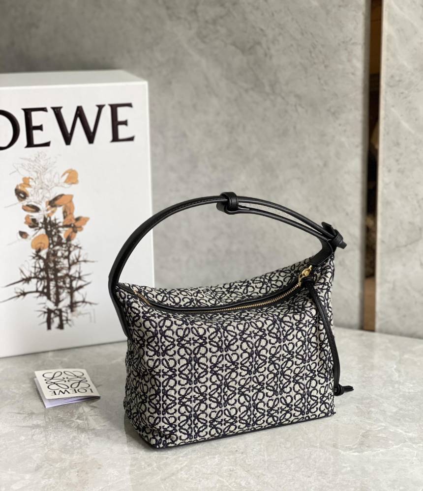 The LOEWE Cubi Small Anagram Jacquard Canvas Shoulder Bag (Navy Blue)—also commonly referred to as one of the "Lunchbox Bag" series.