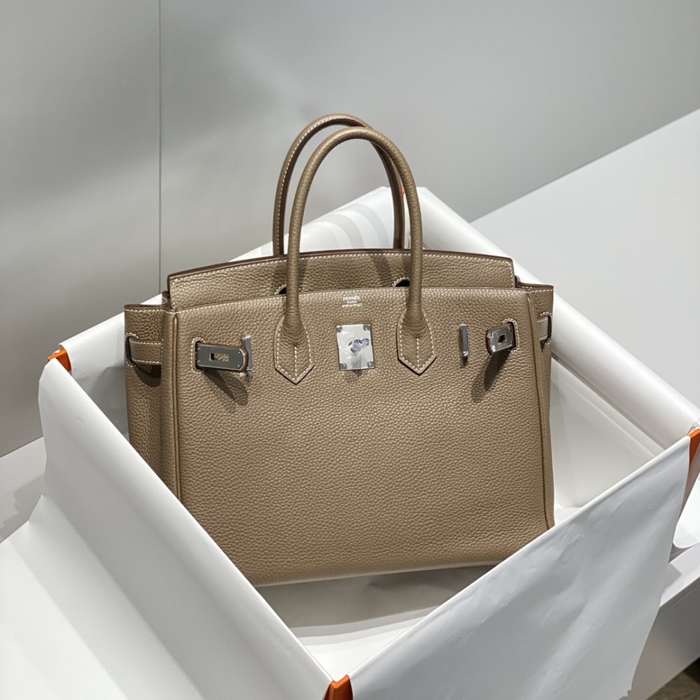 爱马仕 Birkin 30 铂金包，具体为大象灰（Etoupe）配色、Togo 牛皮、银扣版本，是品牌最经典的 “百搭常青款” 之一