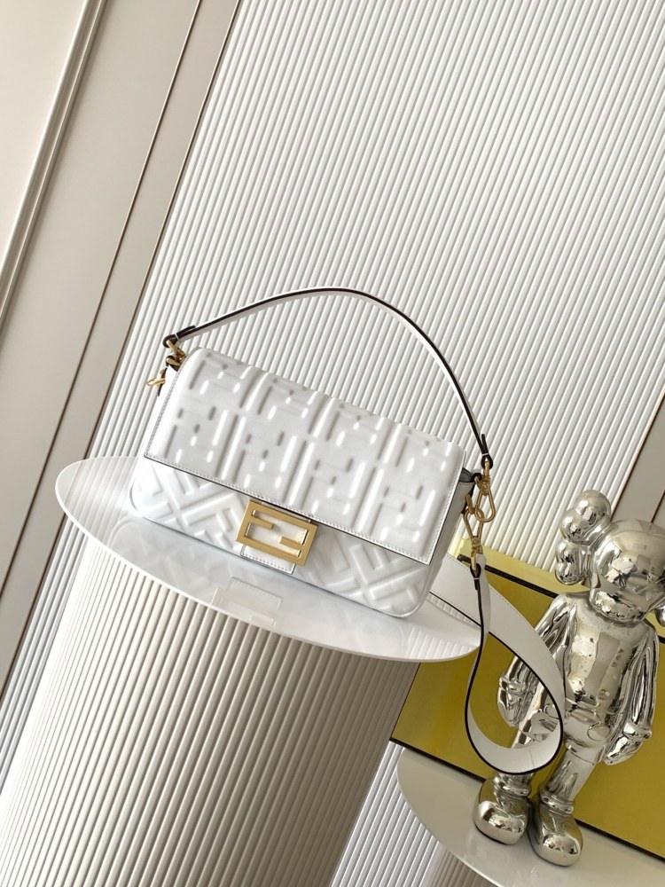 The Fendi classic Baguette bag (white with embossed FF logo) is the brand's iconic retro underarm bag.