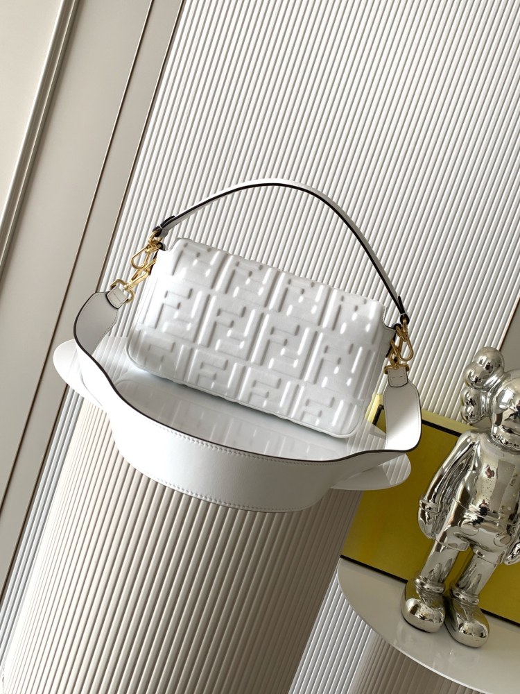 The Fendi classic Baguette bag (white with embossed FF logo) is the brand's iconic retro underarm bag.