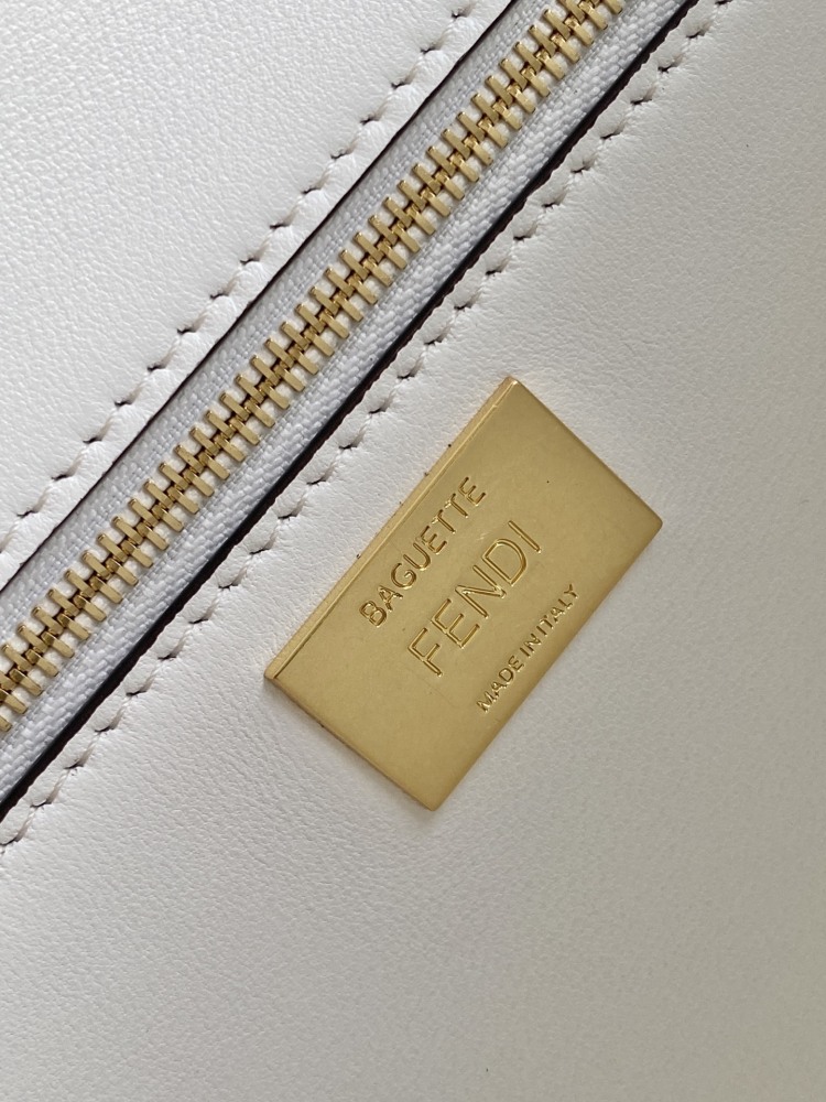 The Fendi classic Baguette bag (white with embossed FF logo) is the brand's iconic retro underarm bag.