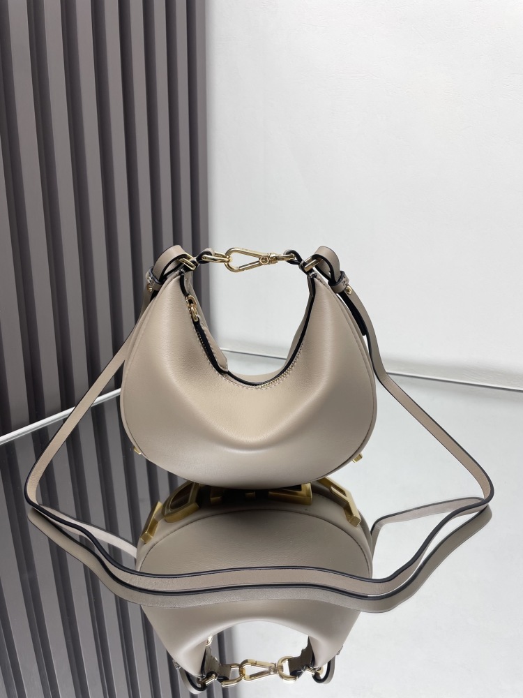 The Fendi Fendigraphy mini hobo shoulder bag (elephant grey) is a popular crescent-shaped bag from the brand in recent years.