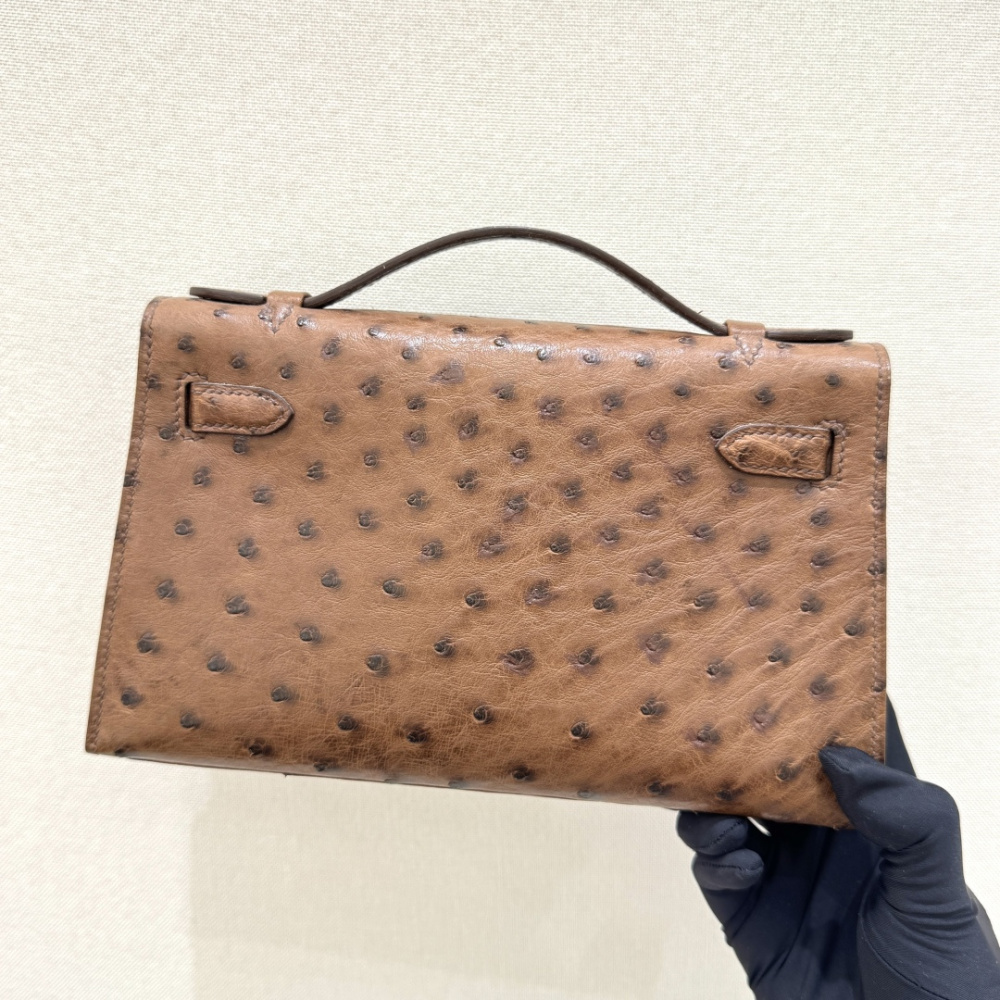 The Hermès Mini Kelly I (also known as the Kelly Pochette) Ostrich Leather Handbag is one of the brand's classic exotic leather models.