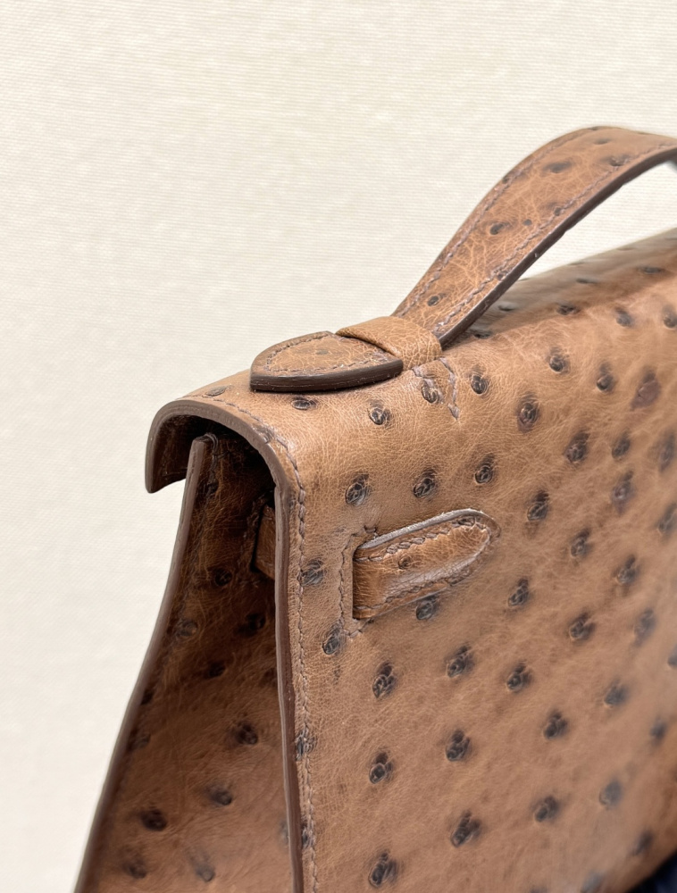 The Hermès Mini Kelly I (also known as the Kelly Pochette) Ostrich Leather Handbag is one of the brand's classic exotic leather models.
