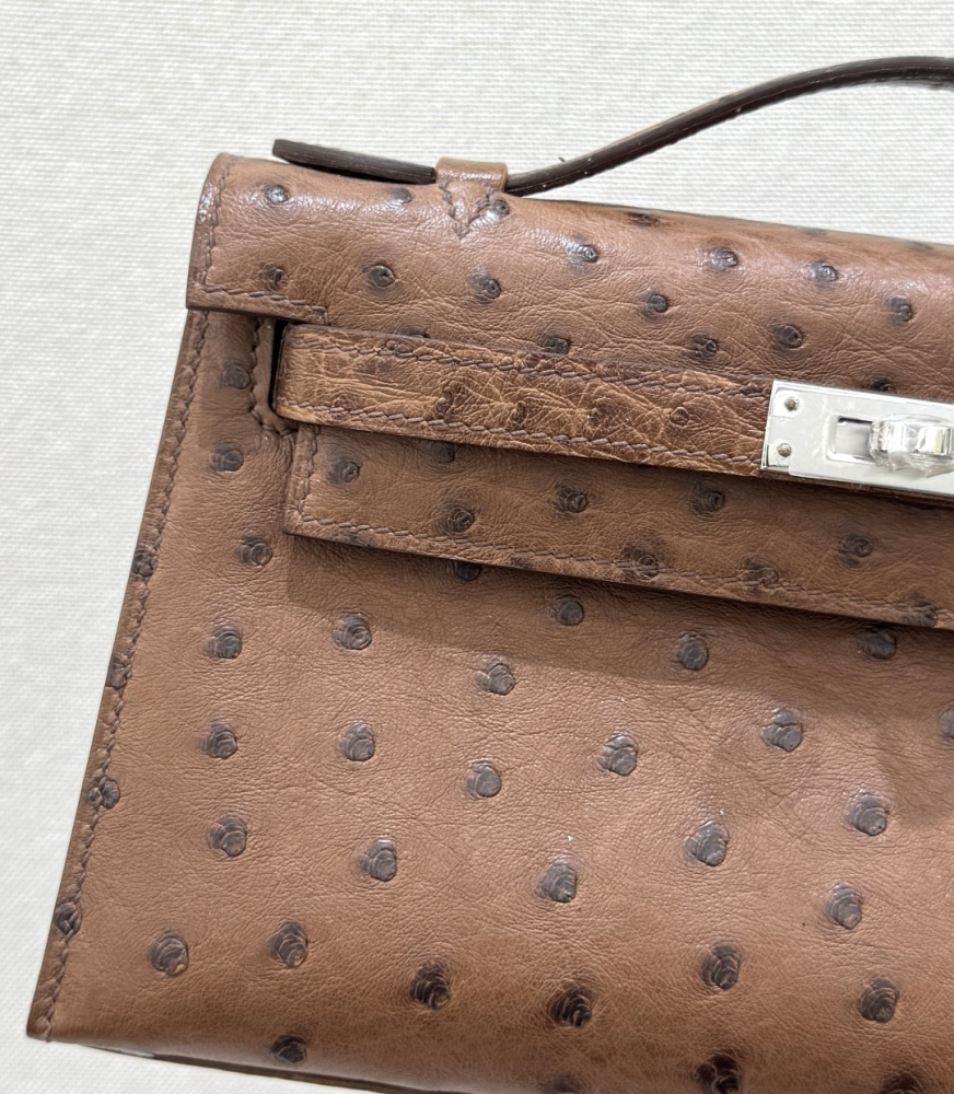 The Hermès Mini Kelly I (also known as the Kelly Pochette) Ostrich Leather Handbag is one of the brand's classic exotic leather models.