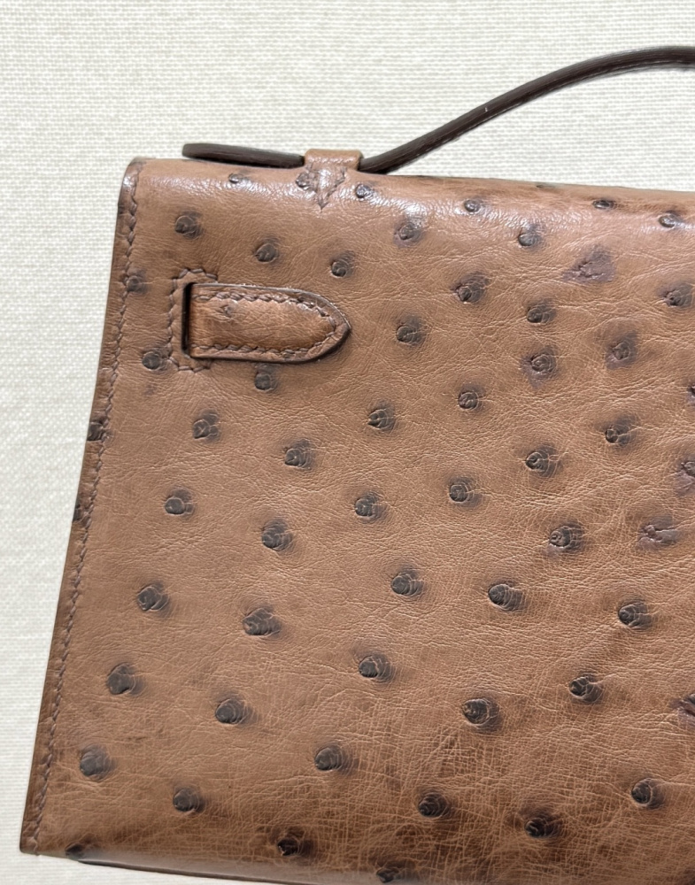 The Hermès Mini Kelly I (also known as the Kelly Pochette) Ostrich Leather Handbag is one of the brand's classic exotic leather models.