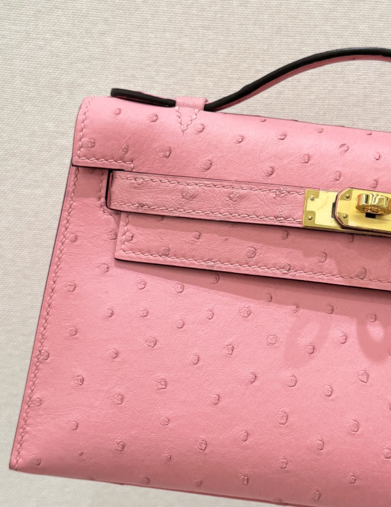 The Hermès Mini Kelly I (also known as the Kelly Pochette) Ostrich Leather Handbag is one of the brand's classic exotic leather models.