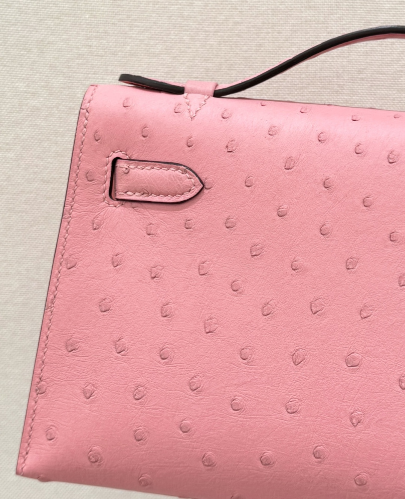 The Hermès Mini Kelly I (also known as the Kelly Pochette) Ostrich Leather Handbag is one of the brand's classic exotic leather models.