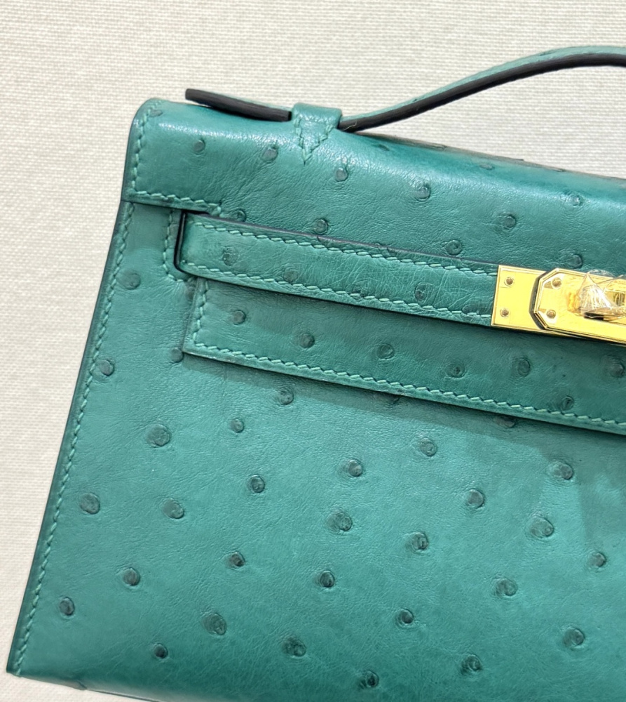 The Hermès Mini Kelly I (also known as the Kelly Pochette) Ostrich Leather Handbag is one of the brand's classic exotic leather models.