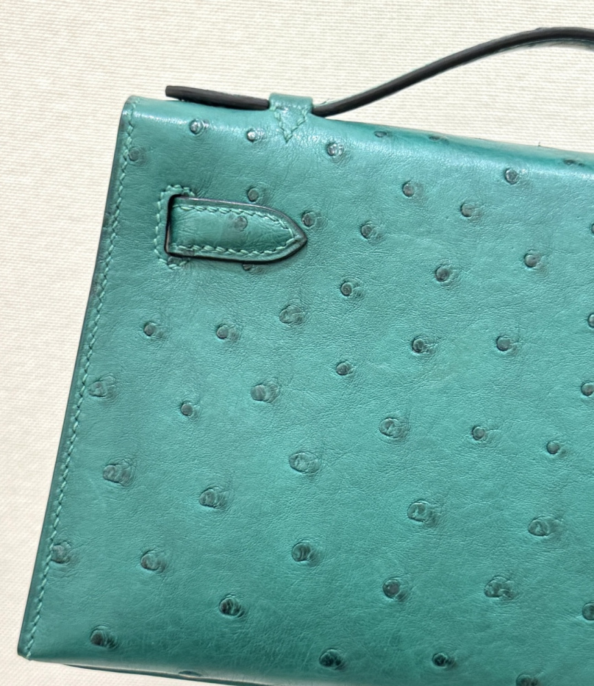The Hermès Mini Kelly I (also known as the Kelly Pochette) Ostrich Leather Handbag is one of the brand's classic exotic leather models.