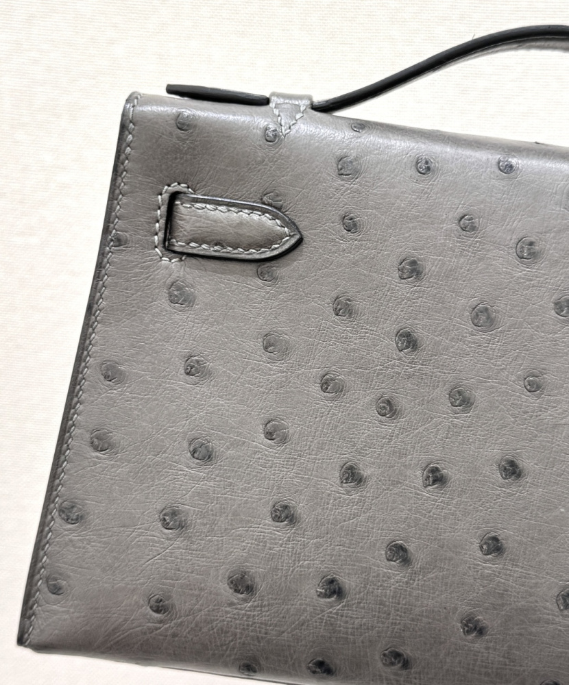 The Hermès Mini Kelly I (also known as the Kelly Pochette) Ostrich Leather Handbag is one of the brand's classic exotic leather models.
