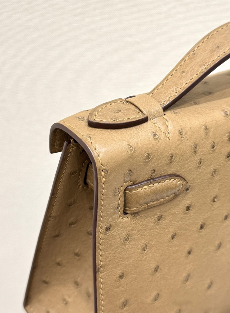 The Hermès Mini Kelly I (also known as the Kelly Pochette) Ostrich Leather Handbag is one of the brand's classic exotic leather models.