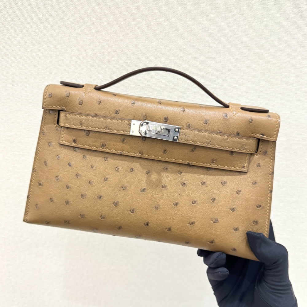 The Hermès Mini Kelly I (also known as the Kelly Pochette) Ostrich Leather Handbag is one of the brand's classic exotic leather models.