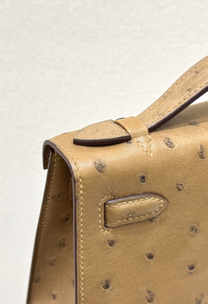 The Hermès Mini Kelly I (also known as the Kelly Pochette) Ostrich Leather Handbag is one of the brand's classic exotic leather models.