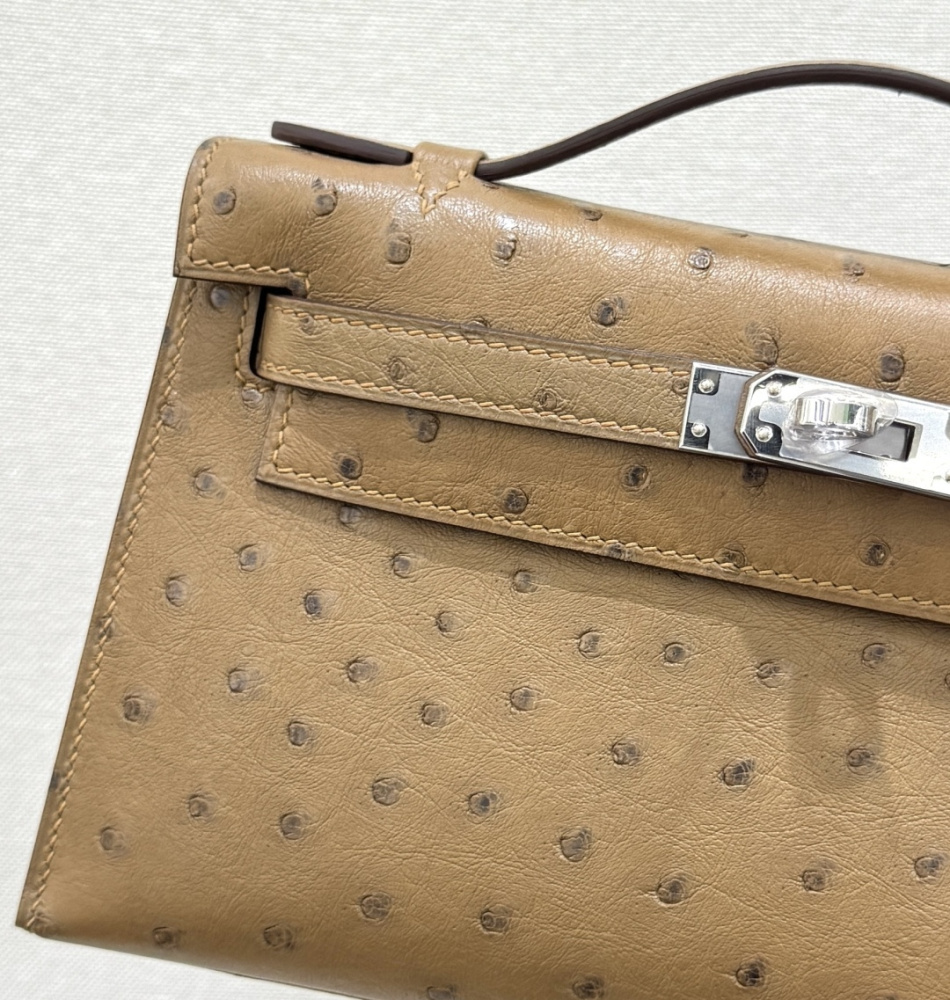 The Hermès Mini Kelly I (also known as the Kelly Pochette) Ostrich Leather Handbag is one of the brand's classic exotic leather models.