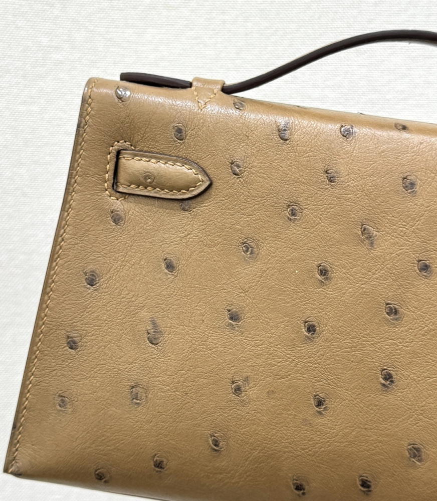 The Hermès Mini Kelly I (also known as the Kelly Pochette) Ostrich Leather Handbag is one of the brand's classic exotic leather models.