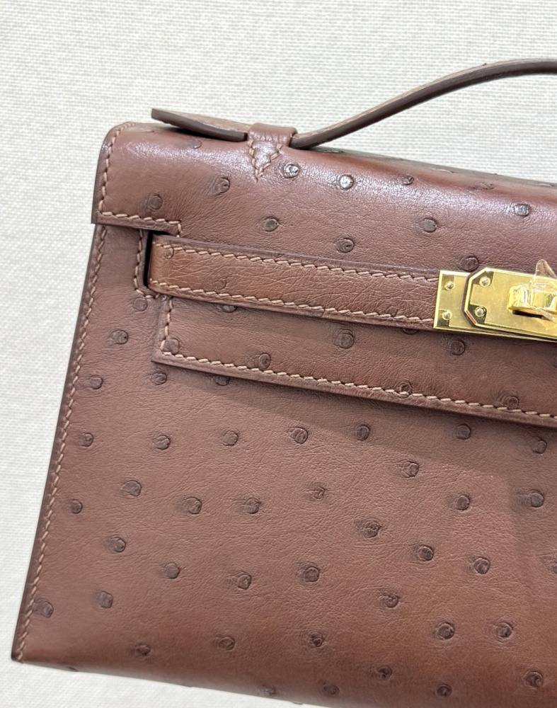 The Hermès Mini Kelly I (also known as the Kelly Pochette) Ostrich Leather Handbag is one of the brand's classic exotic leather models.