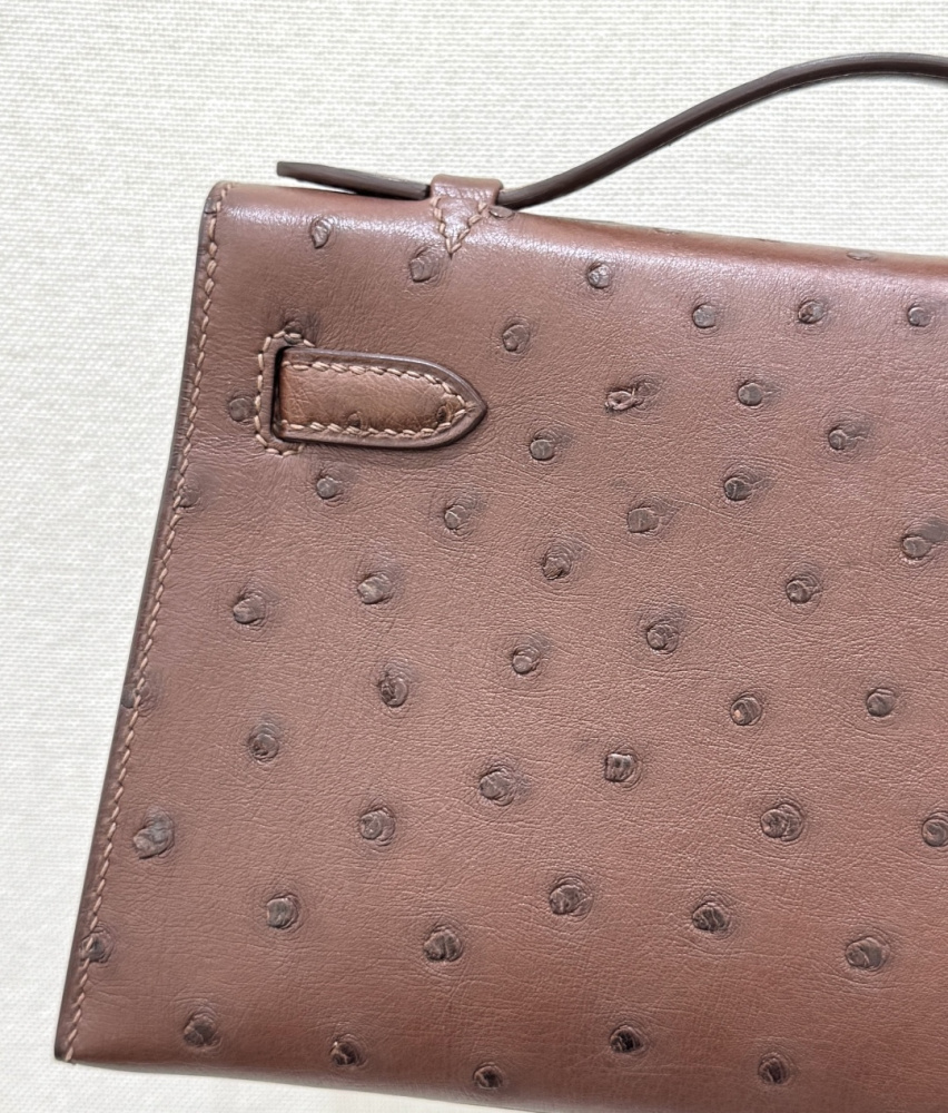 The Hermès Mini Kelly I (also known as the Kelly Pochette) Ostrich Leather Handbag is one of the brand's classic exotic leather models.