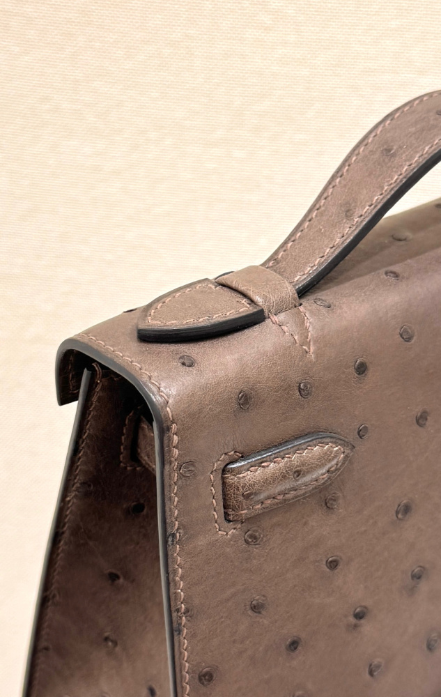 The Hermès Mini Kelly I (also known as the Kelly Pochette) Ostrich Leather Handbag is one of the brand's classic exotic leather models.
