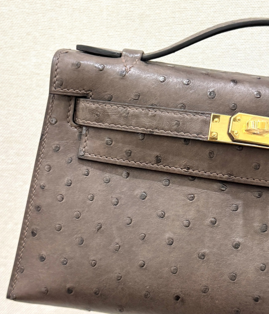 The Hermès Mini Kelly I (also known as the Kelly Pochette) Ostrich Leather Handbag is one of the brand's classic exotic leather models.