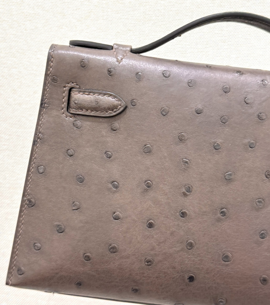 The Hermès Mini Kelly I (also known as the Kelly Pochette) Ostrich Leather Handbag is one of the brand's classic exotic leather models.