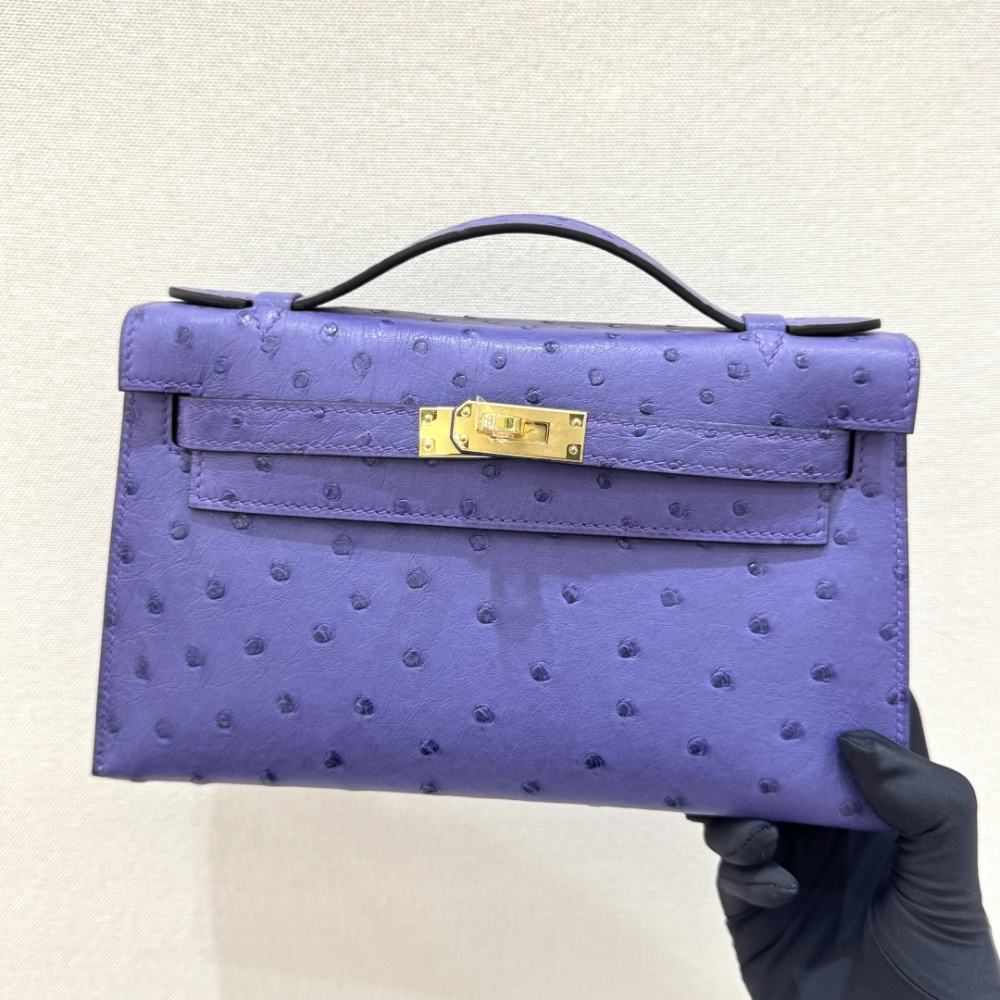 The Hermès Mini Kelly I (also known as the Kelly Pochette) Ostrich Leather Handbag is one of the brand's classic exotic leather models.