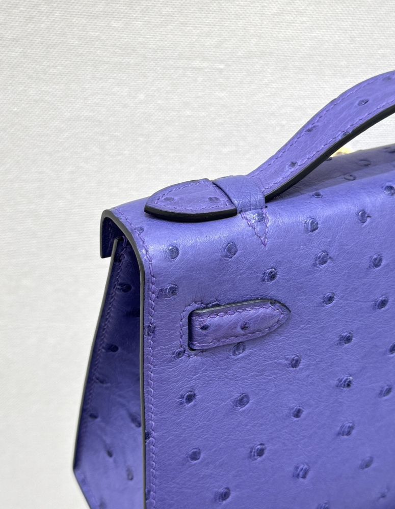 The Hermès Mini Kelly I (also known as the Kelly Pochette) Ostrich Leather Handbag is one of the brand's classic exotic leather models.