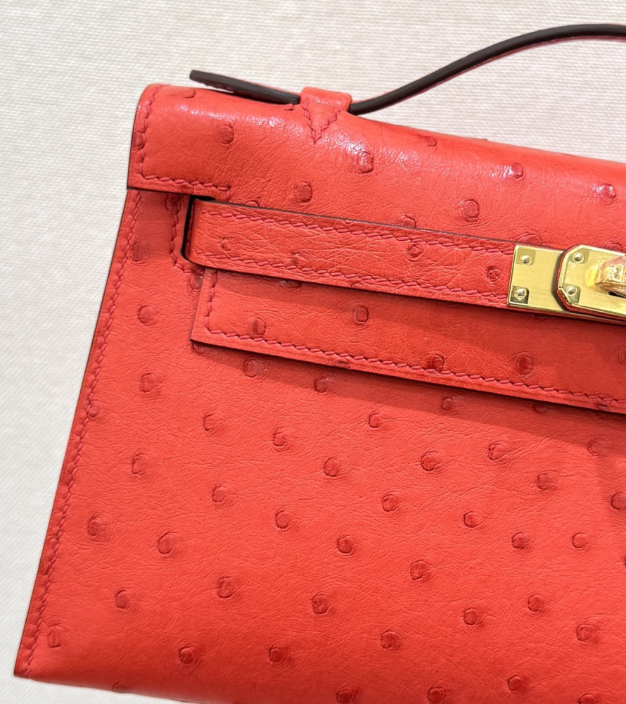 The Hermès Mini Kelly I (also known as the Kelly Pochette) Ostrich Leather Handbag is one of the brand's classic exotic leather models.