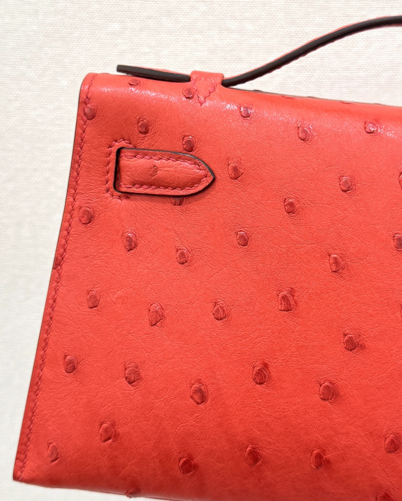 The Hermès Mini Kelly I (also known as the Kelly Pochette) Ostrich Leather Handbag is one of the brand's classic exotic leather models.
