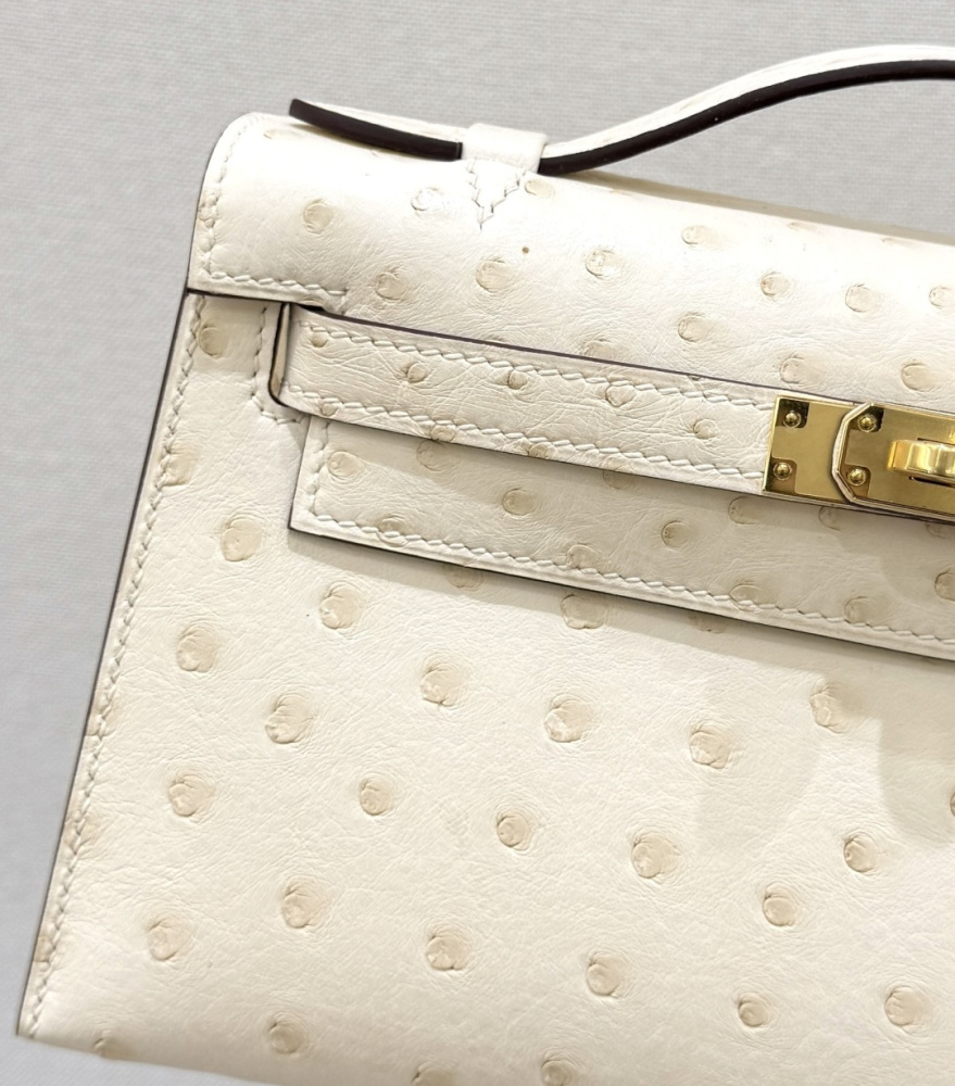 The Hermès Mini Kelly I (also known as the Kelly Pochette) Ostrich Leather Handbag is one of the brand's classic exotic leather models.