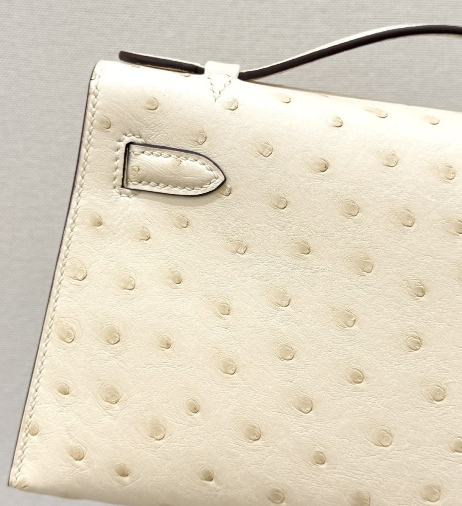 The Hermès Mini Kelly I (also known as the Kelly Pochette) Ostrich Leather Handbag is one of the brand's classic exotic leather models.