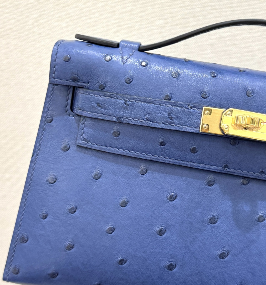 The Hermès Mini Kelly I (also known as the Kelly Pochette) Ostrich Leather Handbag is one of the brand's classic exotic leather models.