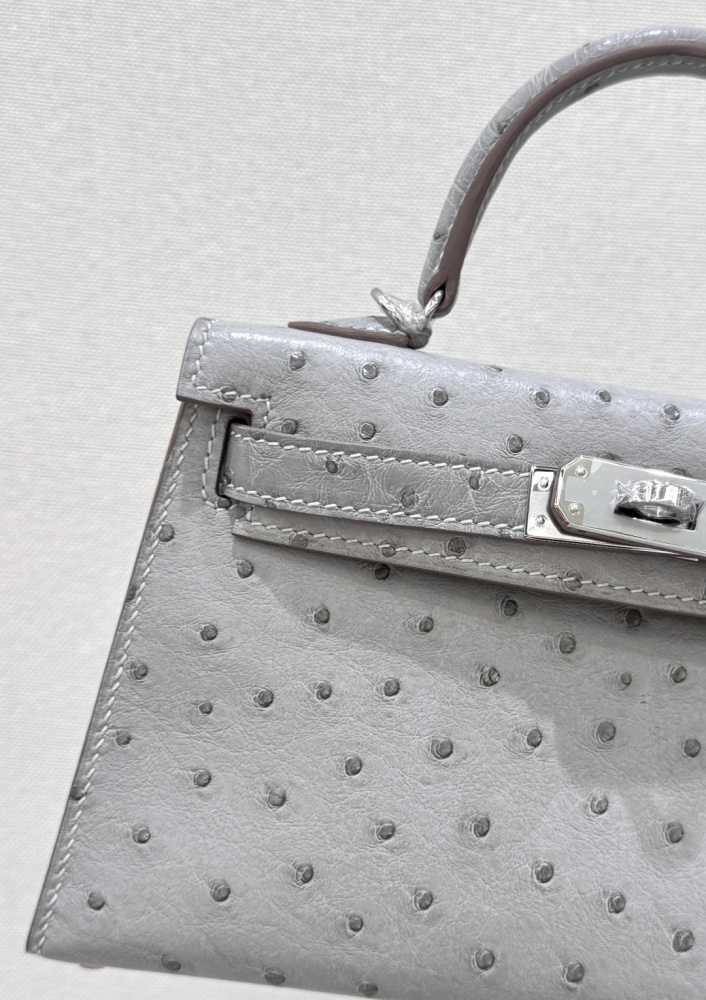 The Hermès Mini Kelly I (also known as the Kelly Pochette) Ostrich Leather Handbag is one of the brand's classic exotic leather models.