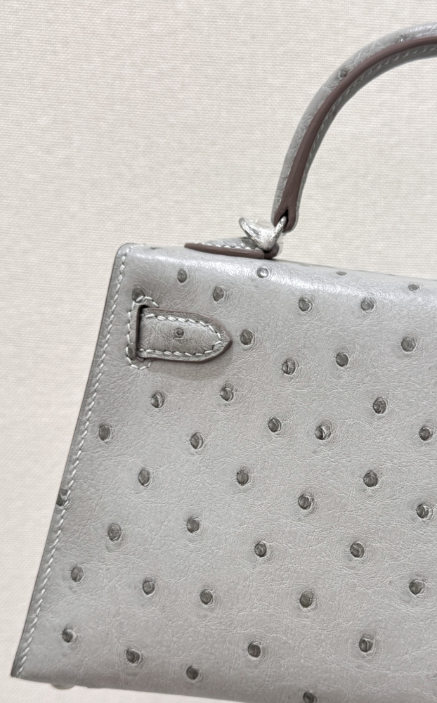 The Hermès Mini Kelly I (also known as the Kelly Pochette) Ostrich Leather Handbag is one of the brand's classic exotic leather models.