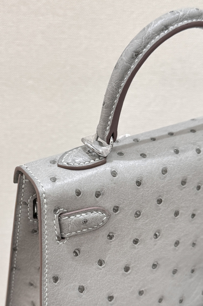 The Hermès Mini Kelly I (also known as the Kelly Pochette) Ostrich Leather Handbag is one of the brand's classic exotic leather models.