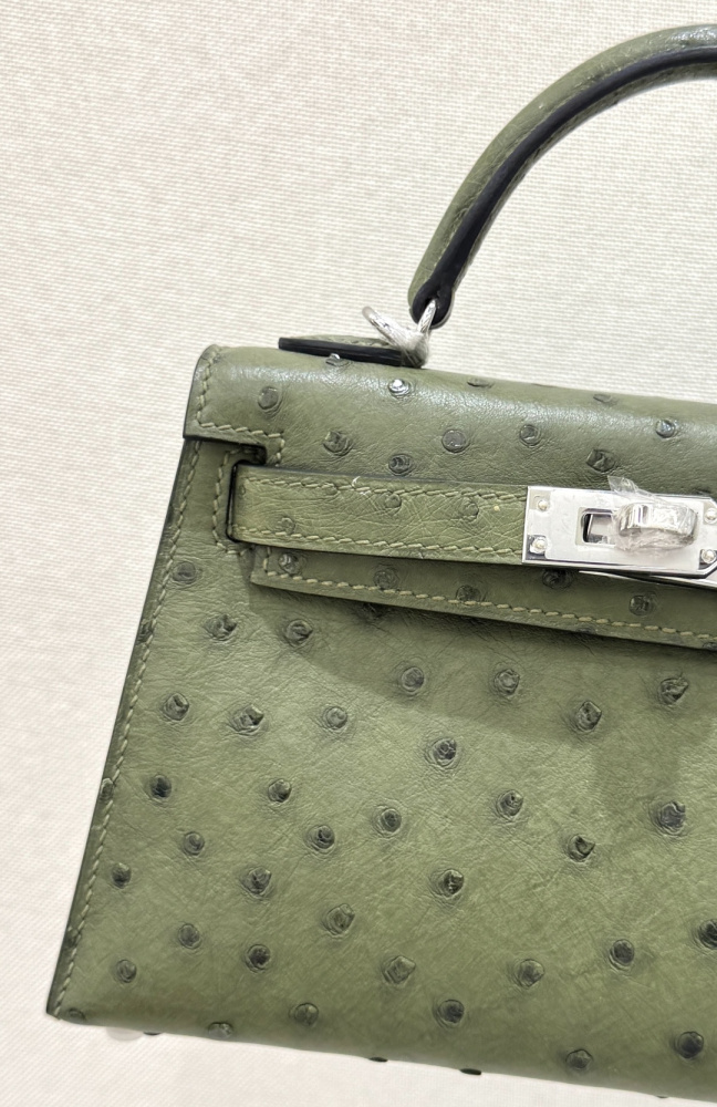 The Hermès Mini Kelly I (also known as the Kelly Pochette) Ostrich Leather Handbag is one of the brand's classic exotic leather models.