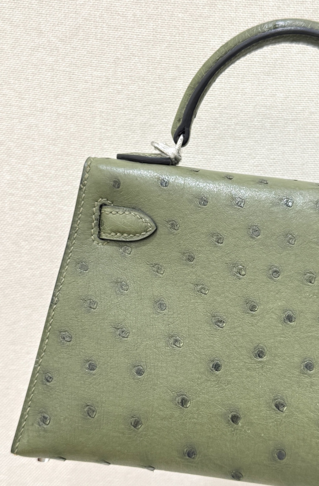 The Hermès Mini Kelly I (also known as the Kelly Pochette) Ostrich Leather Handbag is one of the brand's classic exotic leather models.