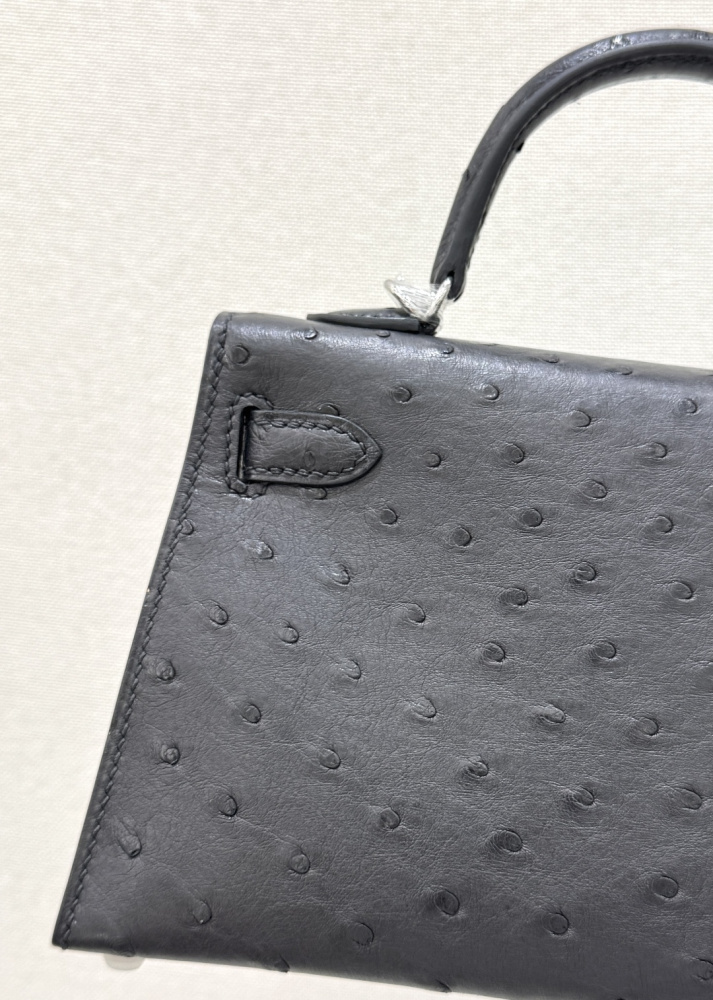 The Hermès Mini Kelly I (also known as the Kelly Pochette) Ostrich Leather Handbag is one of the brand's classic exotic leather models.