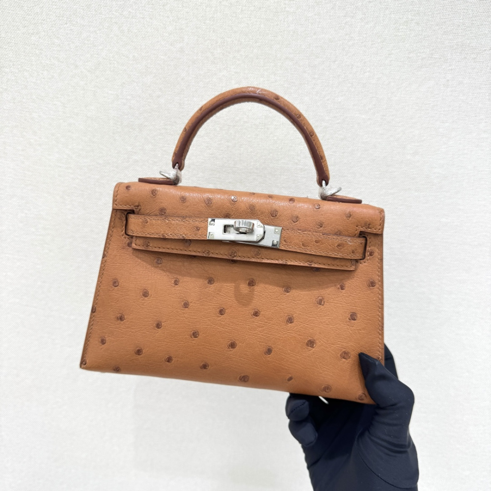 The Hermès Mini Kelly I (also known as the Kelly Pochette) Ostrich Leather Handbag is one of the brand's classic exotic leather models.