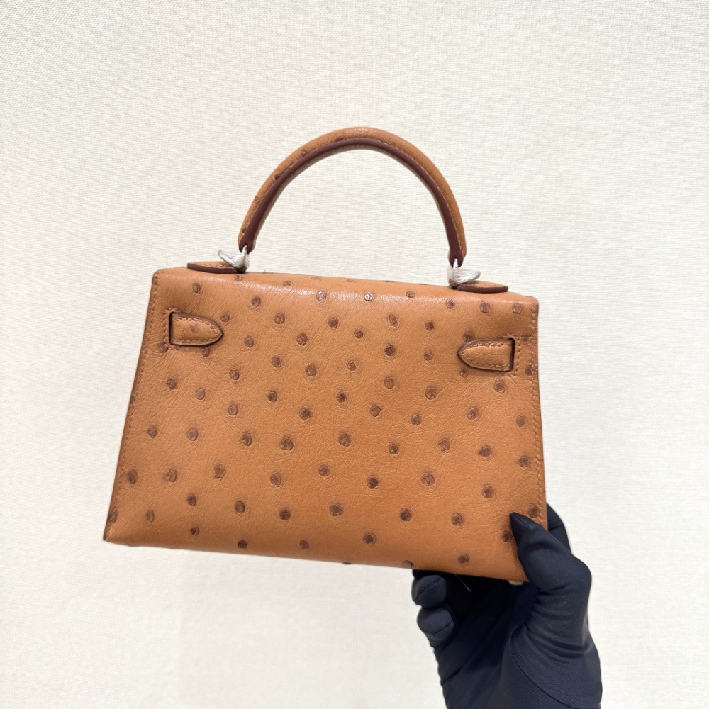 The Hermès Mini Kelly I (also known as the Kelly Pochette) Ostrich Leather Handbag is one of the brand's classic exotic leather models.