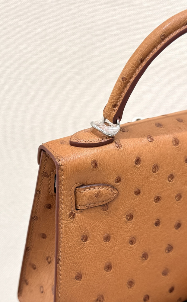 The Hermès Mini Kelly I (also known as the Kelly Pochette) Ostrich Leather Handbag is one of the brand's classic exotic leather models.