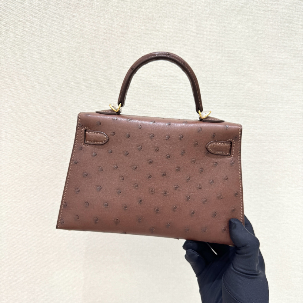 The Hermès Mini Kelly I (also known as the Kelly Pochette) Ostrich Leather Handbag is one of the brand's classic exotic leather models.