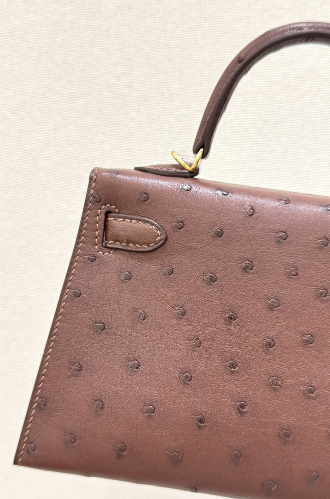 The Hermès Mini Kelly I (also known as the Kelly Pochette) Ostrich Leather Handbag is one of the brand's classic exotic leather models.