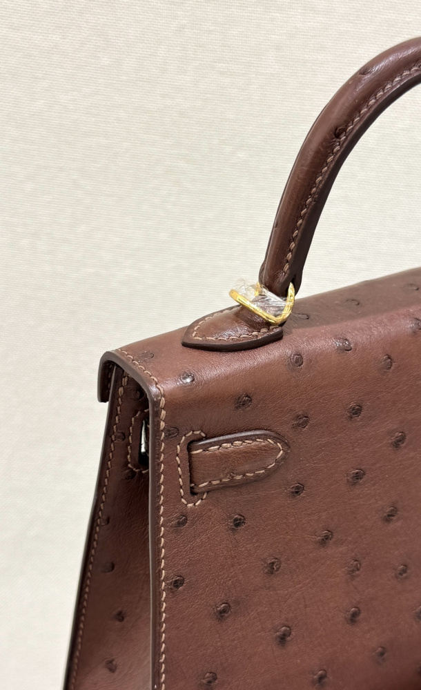 The Hermès Mini Kelly I (also known as the Kelly Pochette) Ostrich Leather Handbag is one of the brand's classic exotic leather models.
