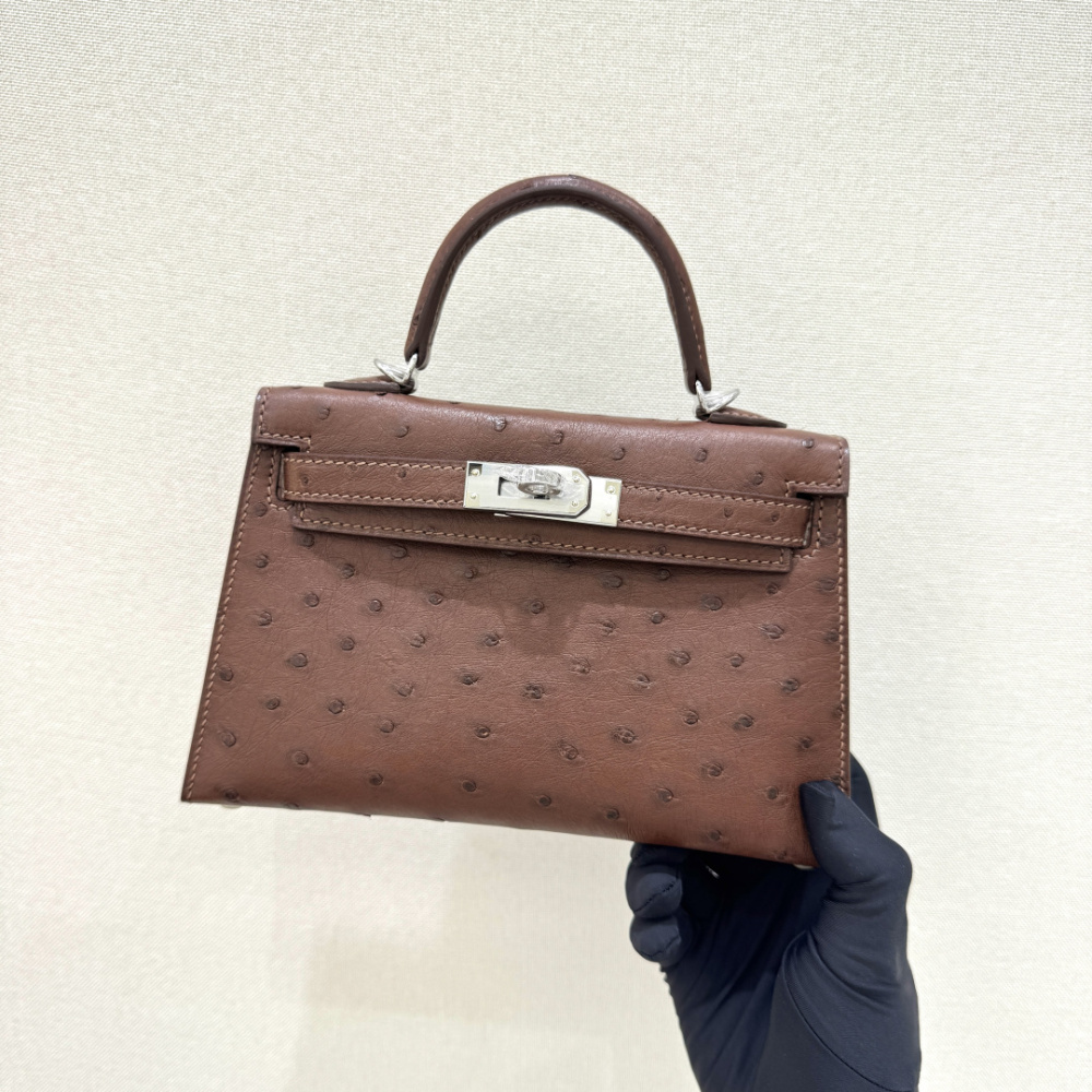 The Hermès Mini Kelly I (also known as the Kelly Pochette) Ostrich Leather Handbag is one of the brand's classic exotic leather models.