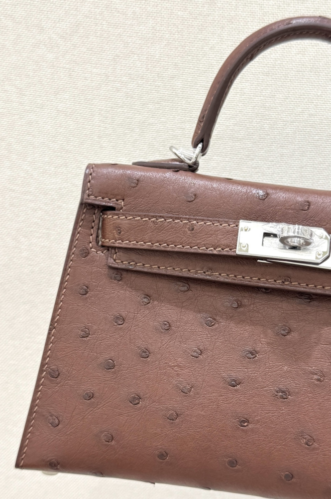 The Hermès Mini Kelly I (also known as the Kelly Pochette) Ostrich Leather Handbag is one of the brand's classic exotic leather models.