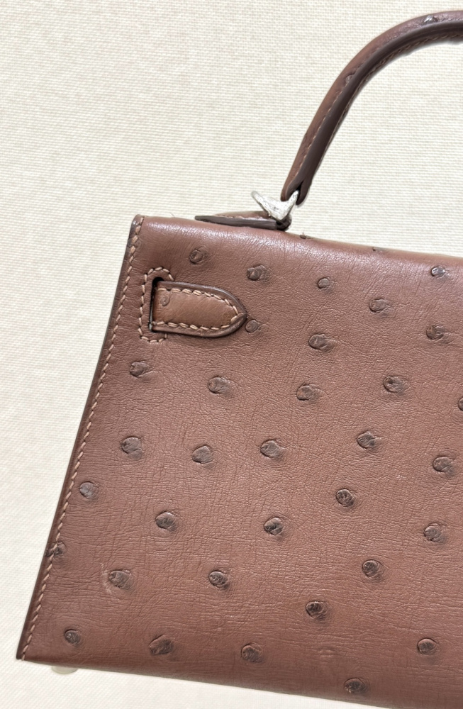 The Hermès Mini Kelly I (also known as the Kelly Pochette) Ostrich Leather Handbag is one of the brand's classic exotic leather models.