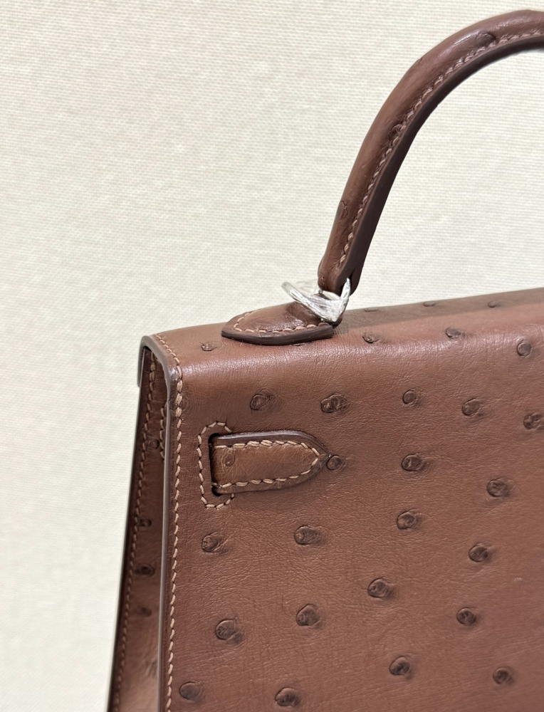 The Hermès Mini Kelly I (also known as the Kelly Pochette) Ostrich Leather Handbag is one of the brand's classic exotic leather models.
