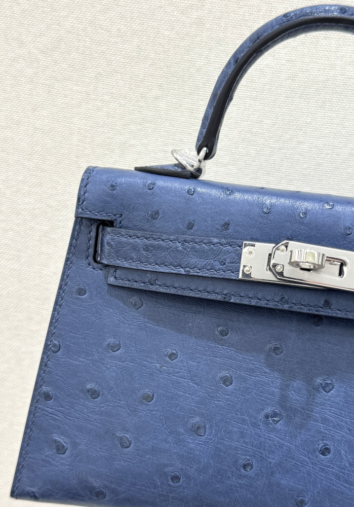 The Hermès Mini Kelly I (also known as the Kelly Pochette) Ostrich Leather Handbag is one of the brand's classic exotic leather models.